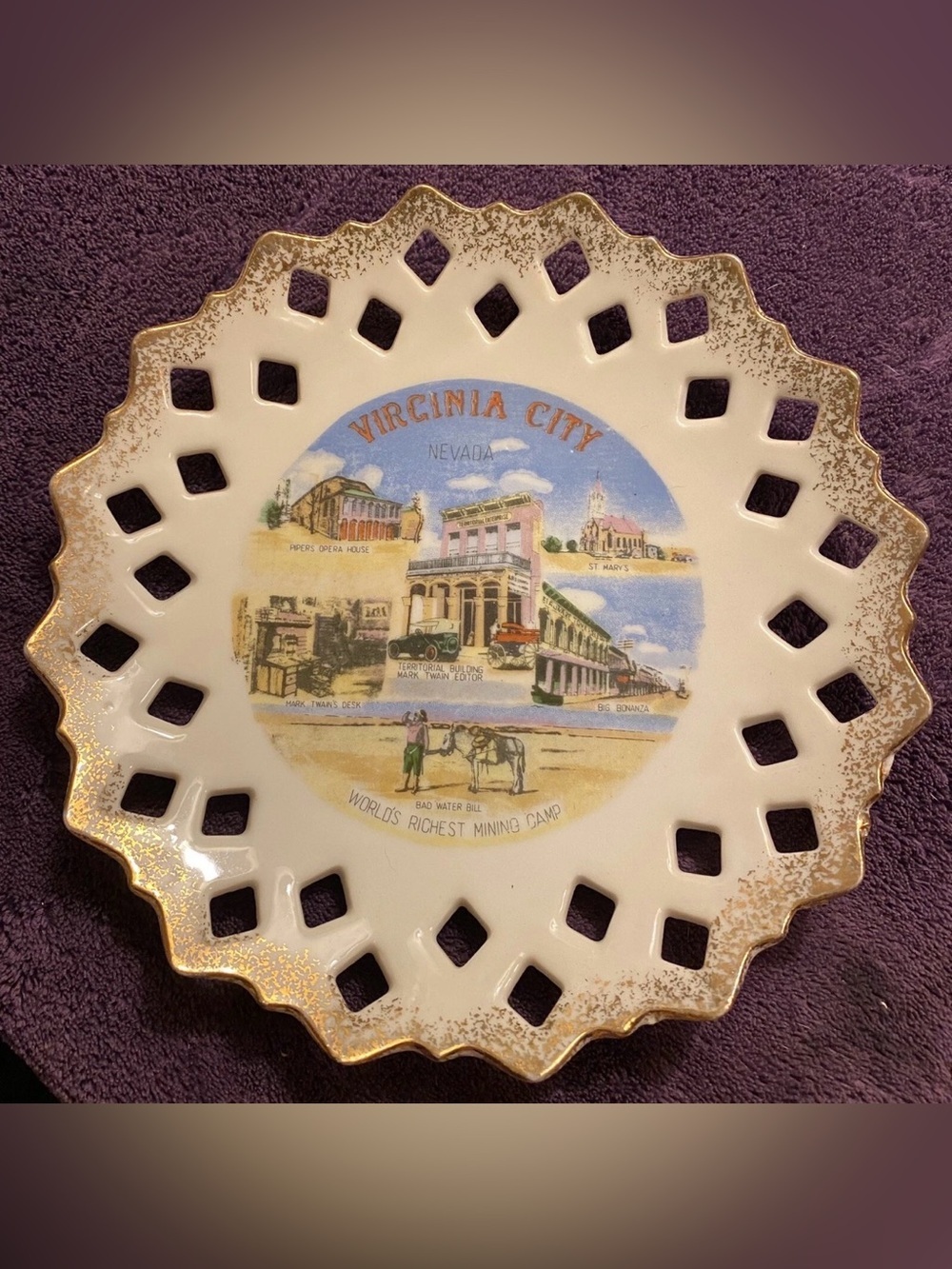 Vintage Virginia City Nevada Souvenir Plate Gold Trim Landmark Collector - Picture 2 of 4